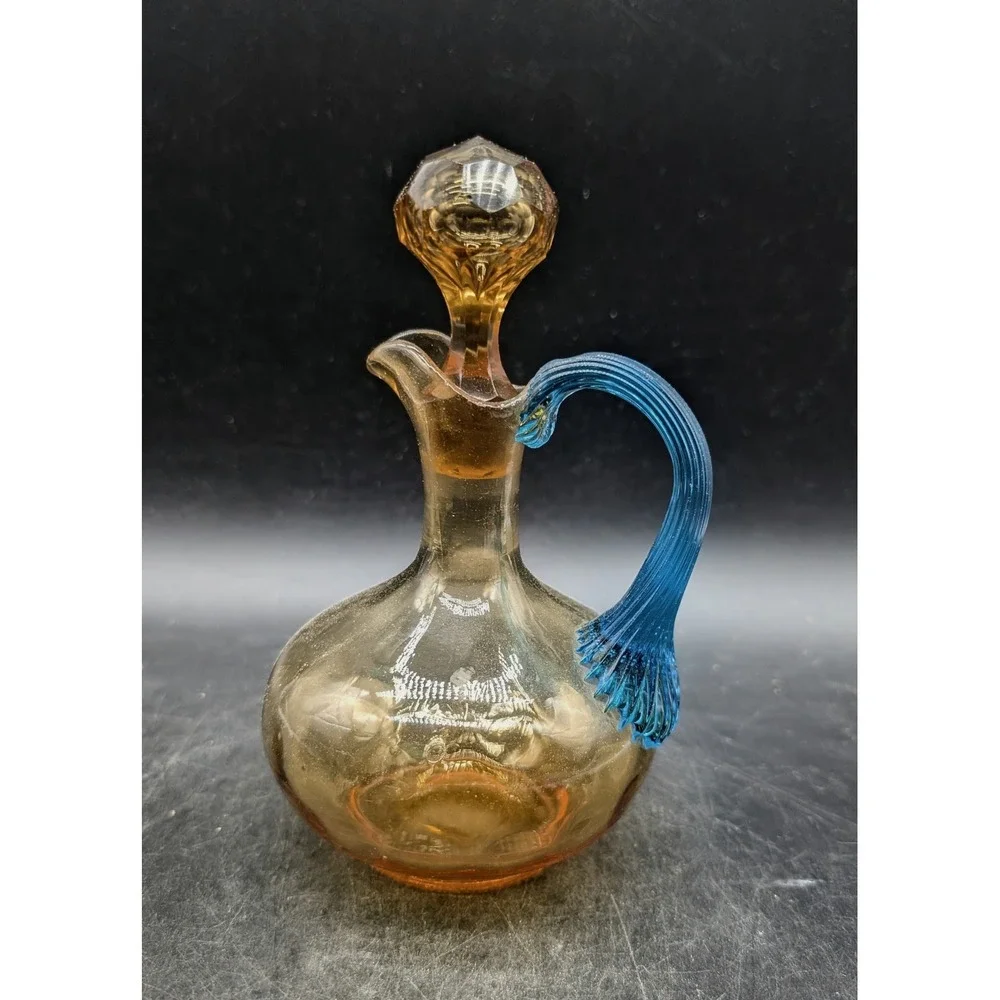 Vintage Amber Art Glass Decanter Blue Ribbed Handle UV Reactive Manganese Cruet